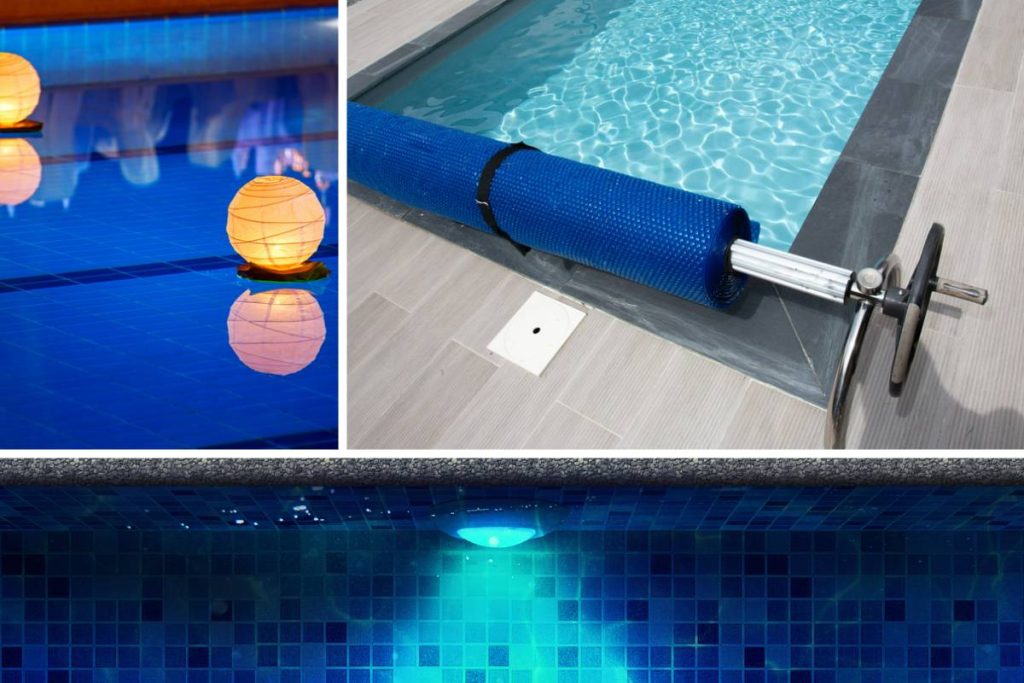solar lights, led light, and pool cover in eco-friendly swimming pool